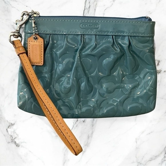 COACH Leah Embossed Patent Leather Marine Blue Wristlet EUC - Picture 1 of 7